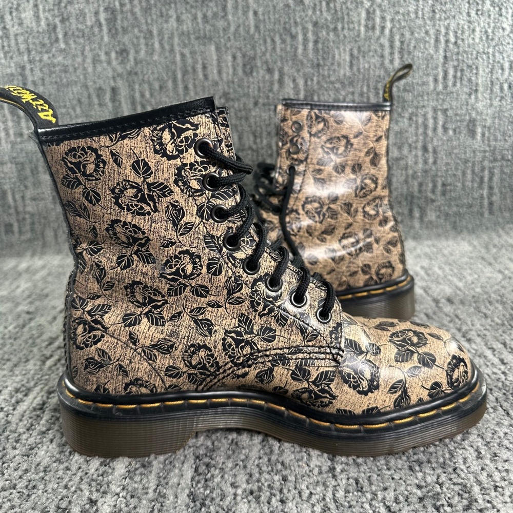 Dr Martens 1460 Boots Womens 6 Rose Floral Tan Black Leather Made in England VTG - Picture 7 of 8